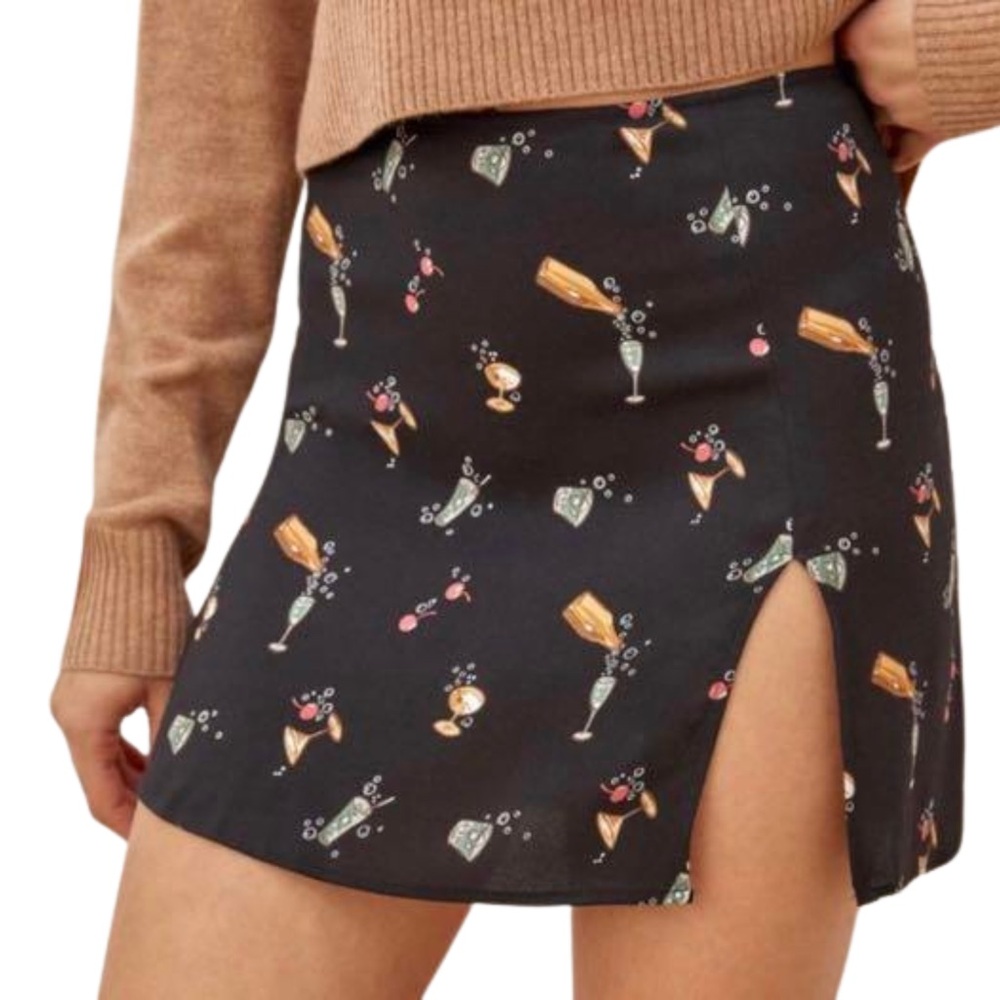 Reformation Black Mini Skirt with Colorful Cocktail Print